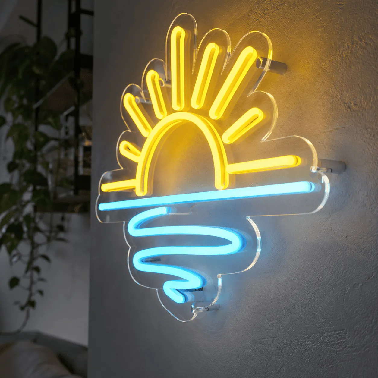 Semn luminos „Apus de soare”, plexiglas transparent și LED galben-cyan