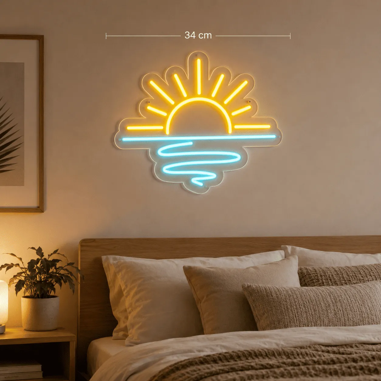 Semn luminos „Apus de soare”, plexiglas transparent și LED galben-cyan