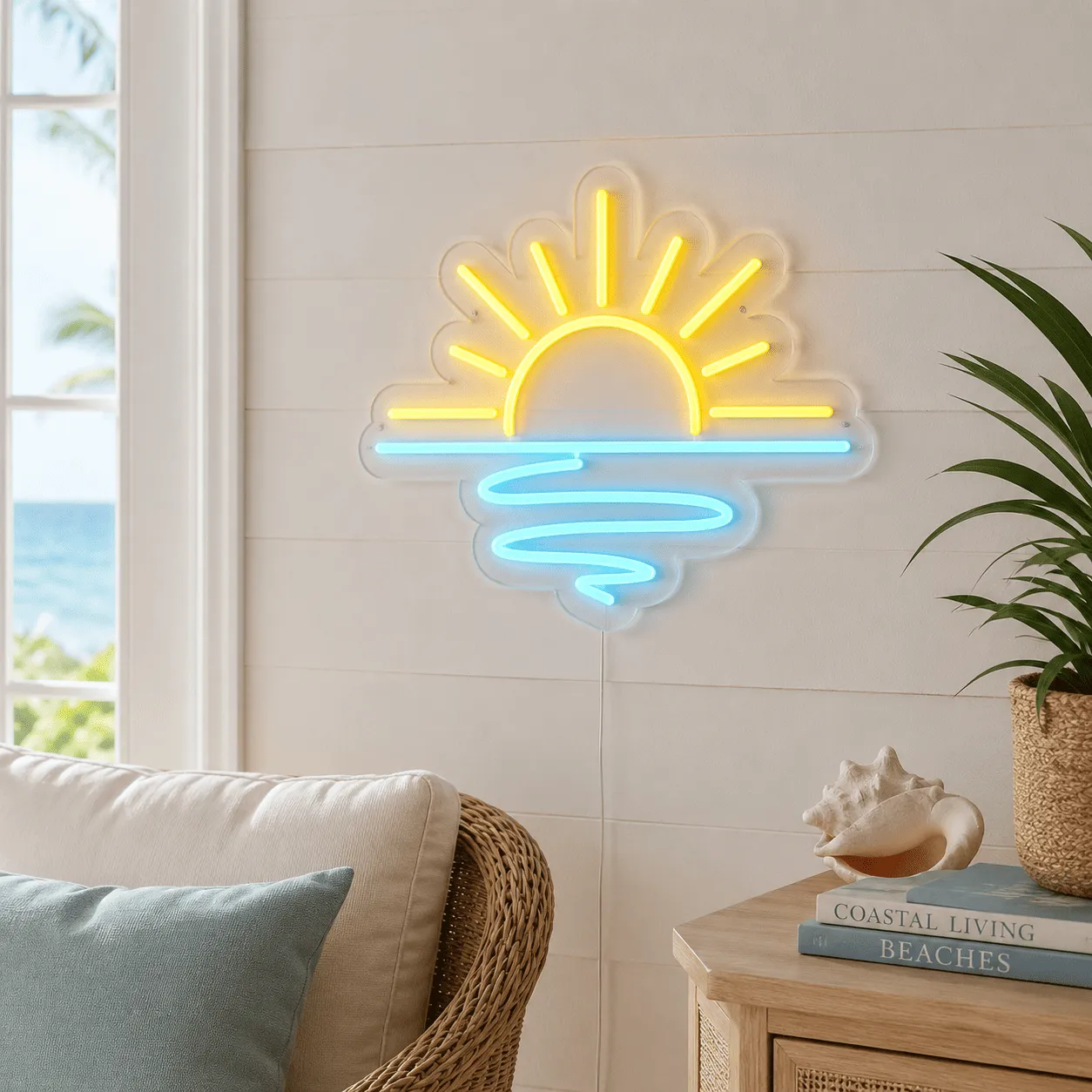 Semn luminos „Apus de soare”, plexiglas transparent și LED galben-cyan