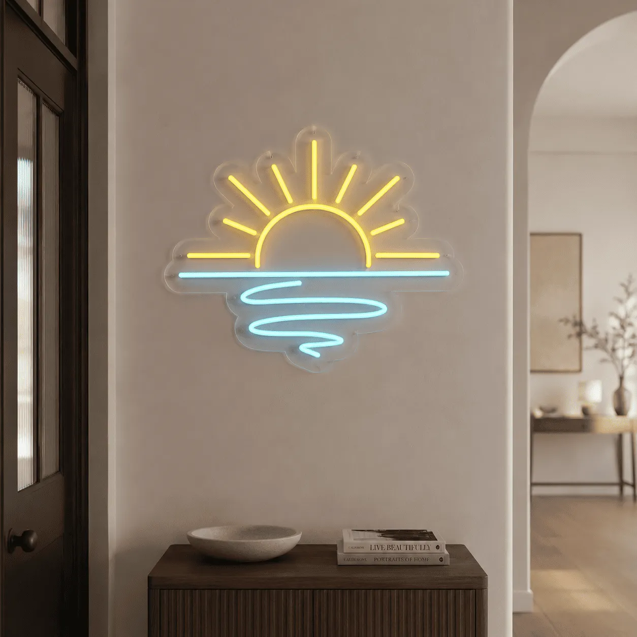 Semn luminos „Apus de soare”, plexiglas transparent și LED galben-cyan