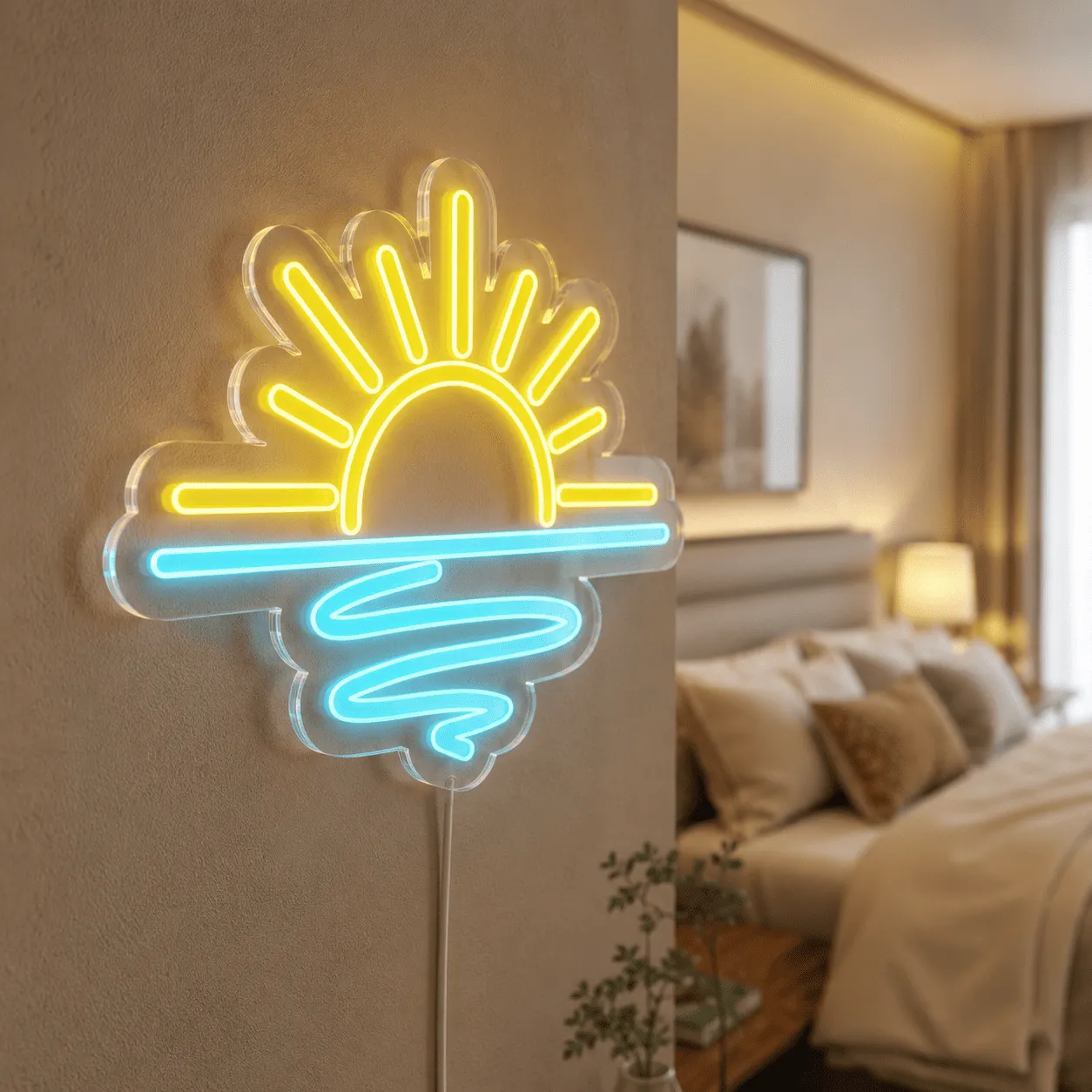 Semn luminos „Apus de soare”, plexiglas transparent și LED galben-cyan