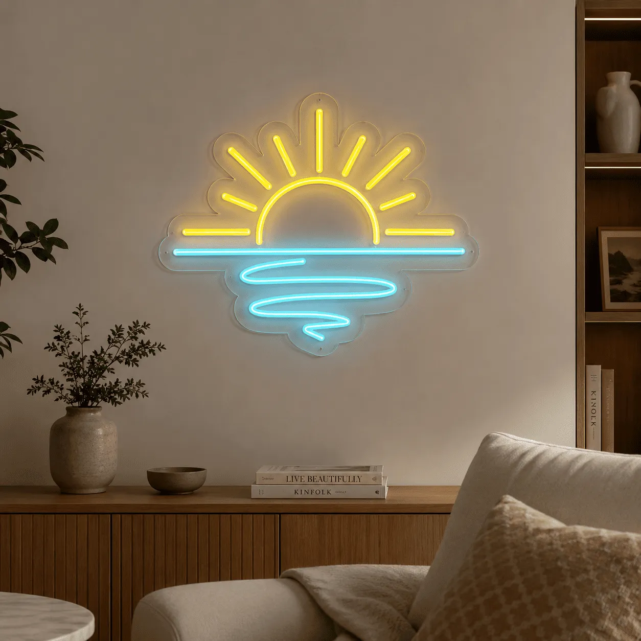 Semn luminos „Apus de soare”, plexiglas transparent și LED galben-cyan