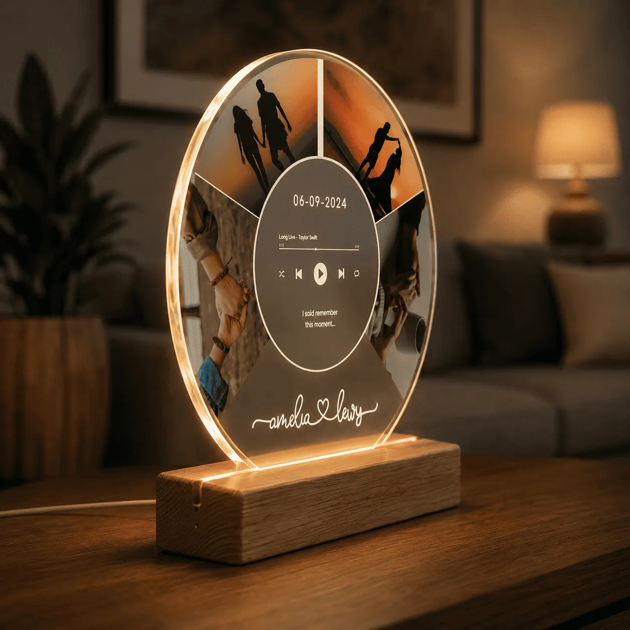Tablou luminos personalizat cu fotografii, melodie și bază din lemn natur – 40 cm