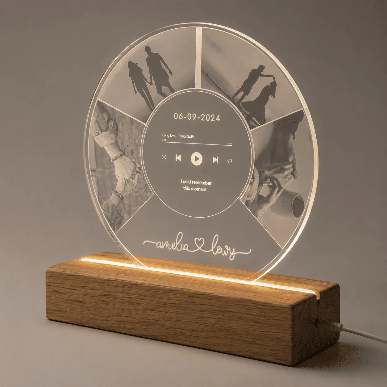 Tablou luminos personalizat cu fotografii, melodie și bază din lemn natur – 40 cm