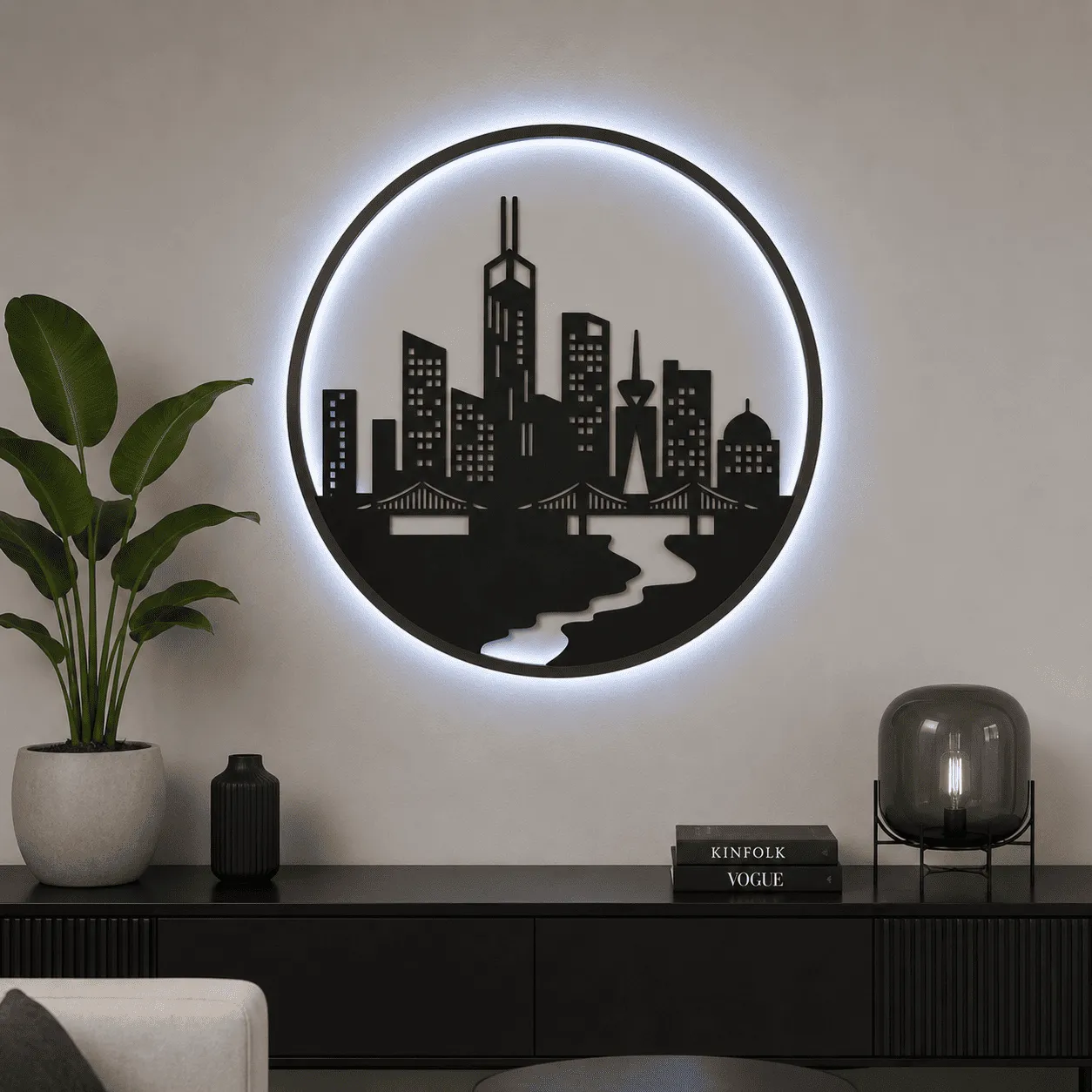 Panou decorativ luminos „City Skyline”, plexiglas negru și backlight alb rece