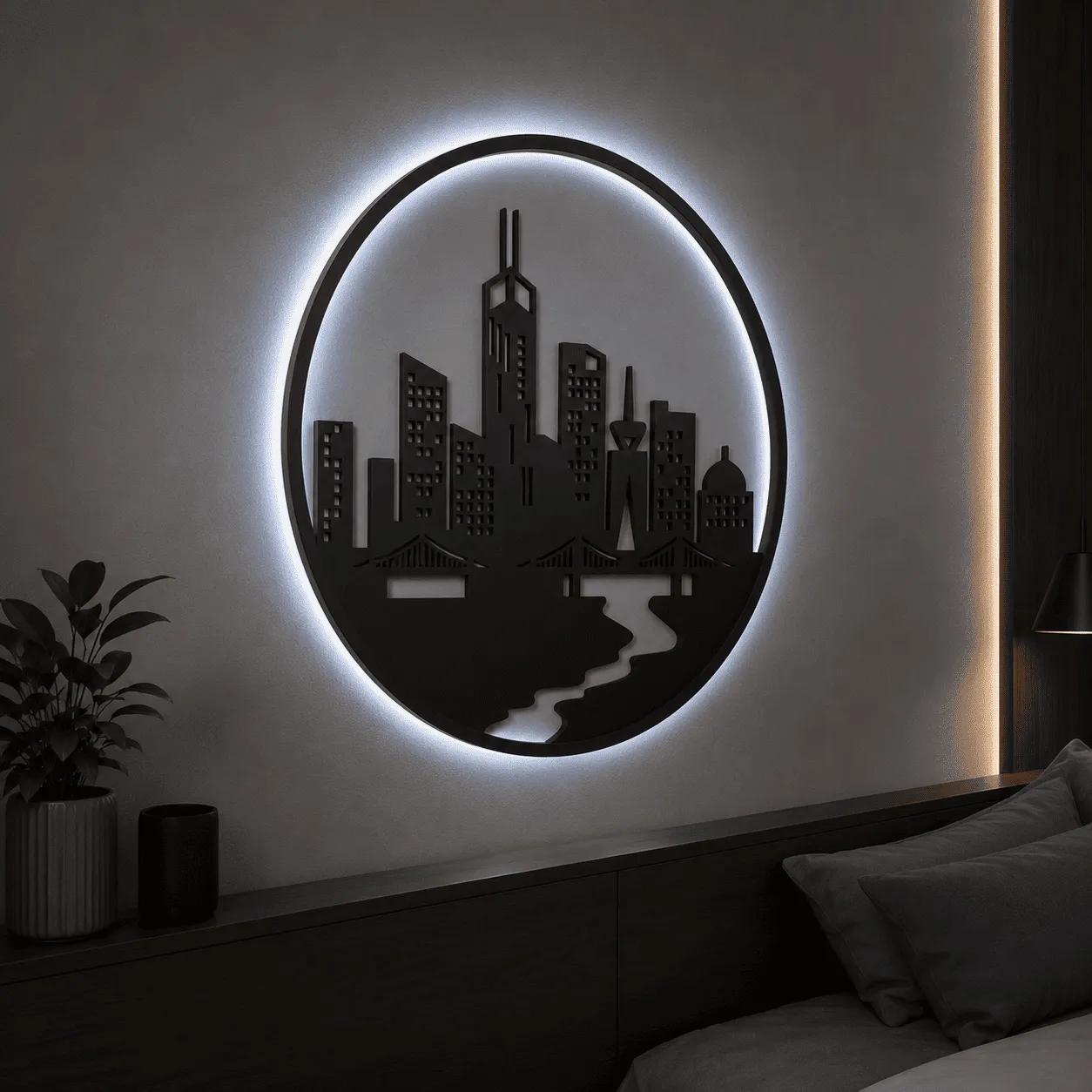 Panou decorativ luminos „City Skyline”, plexiglas negru și backlight alb rece