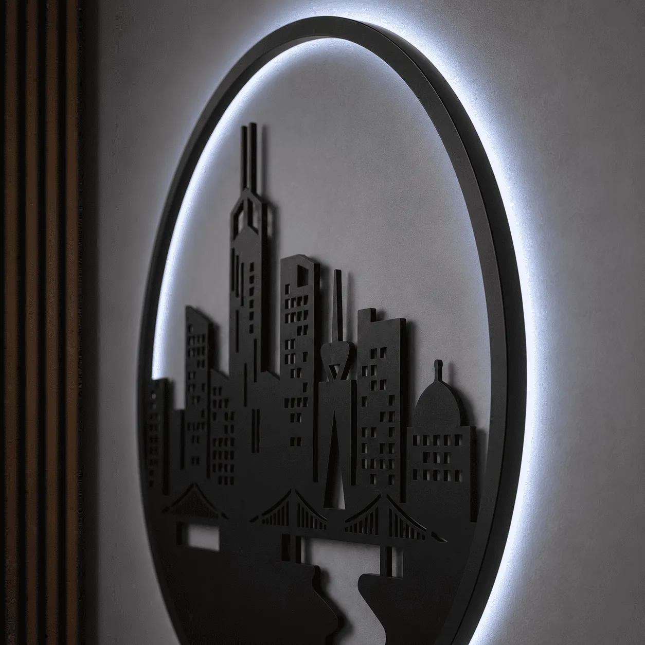 Panou decorativ luminos „City Skyline”, plexiglas negru și backlight alb rece