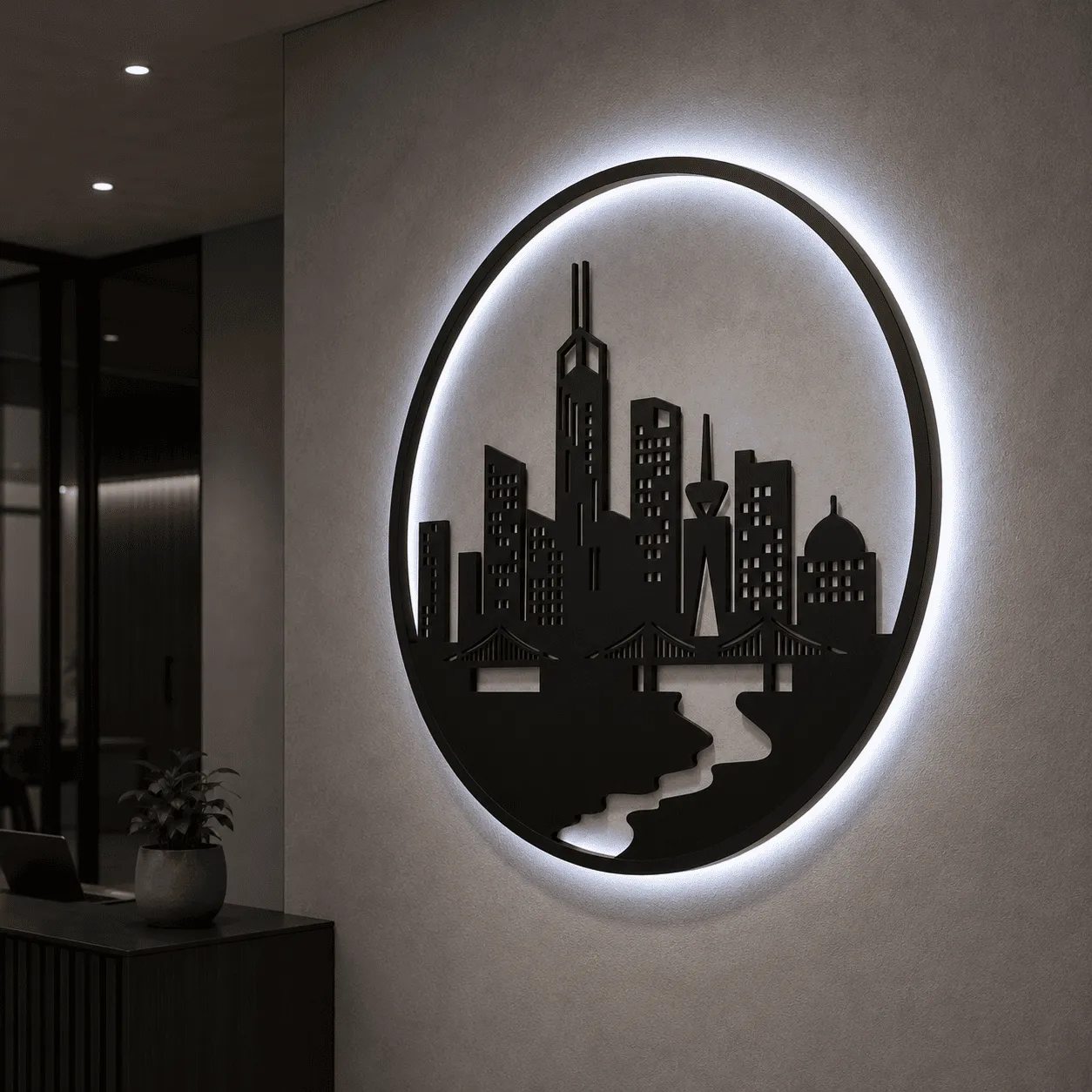 Panou decorativ luminos „City Skyline”, plexiglas negru și backlight alb rece