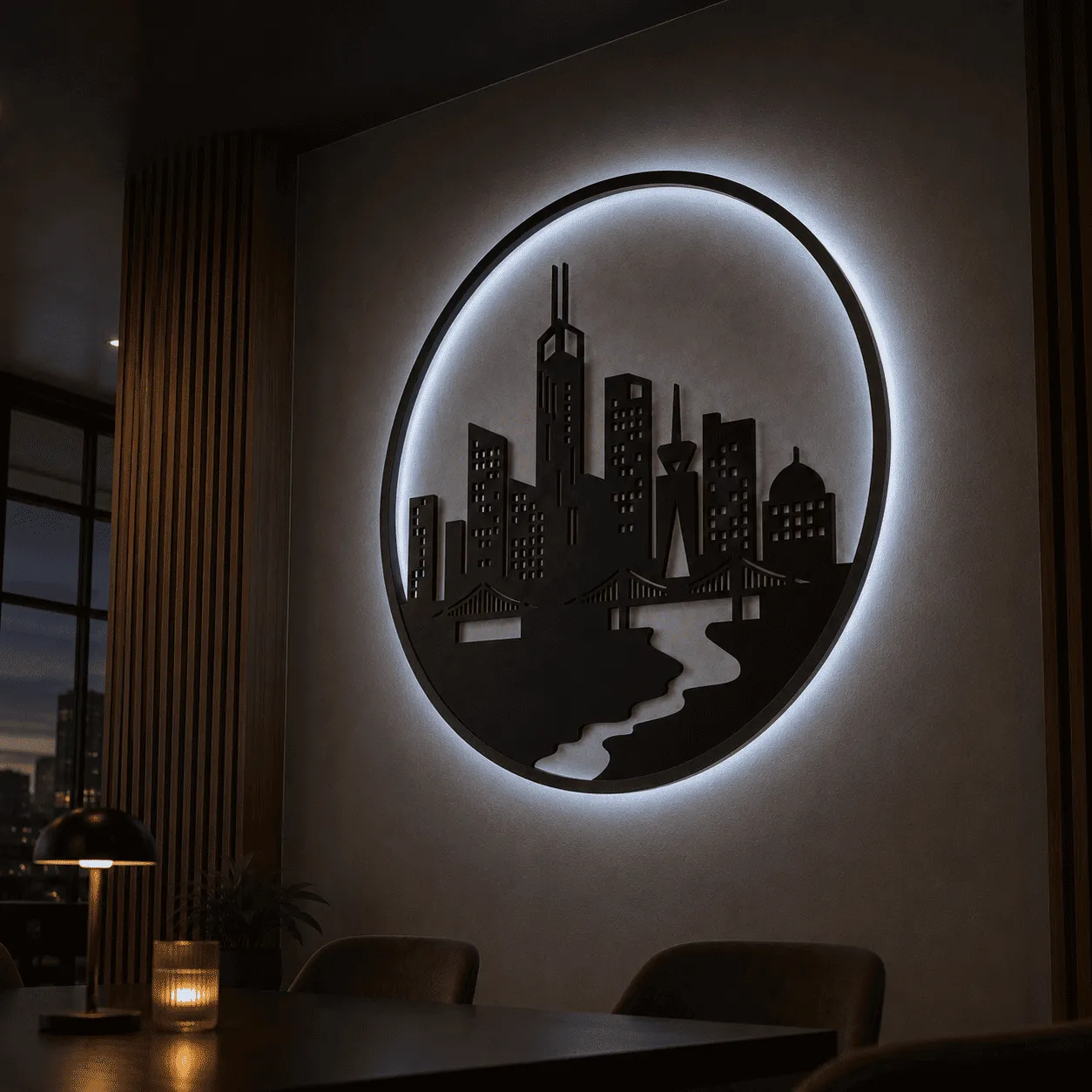 Panou decorativ luminos „City Skyline”, plexiglas negru și backlight alb rece