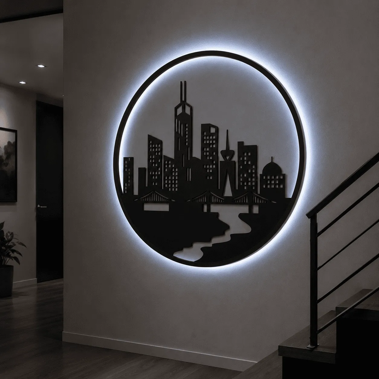Panou decorativ luminos „City Skyline”, plexiglas negru și backlight alb rece