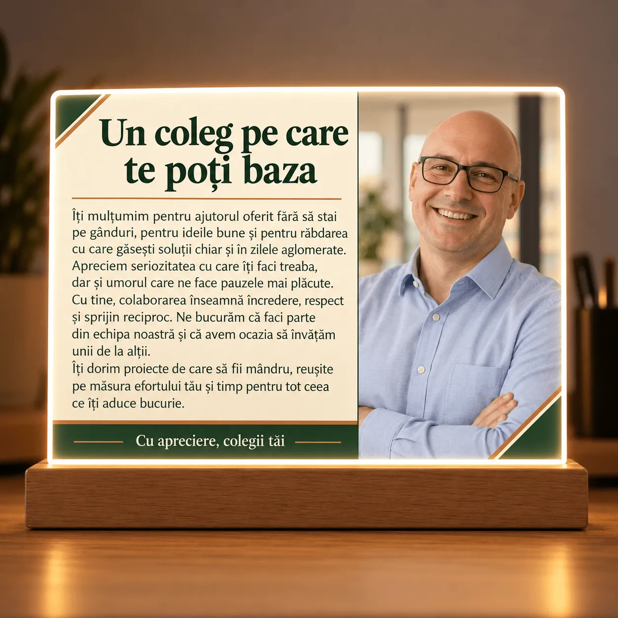 Lampă Personalizată cu Fotografie și Mesaj – Cadou pentru Coleg
