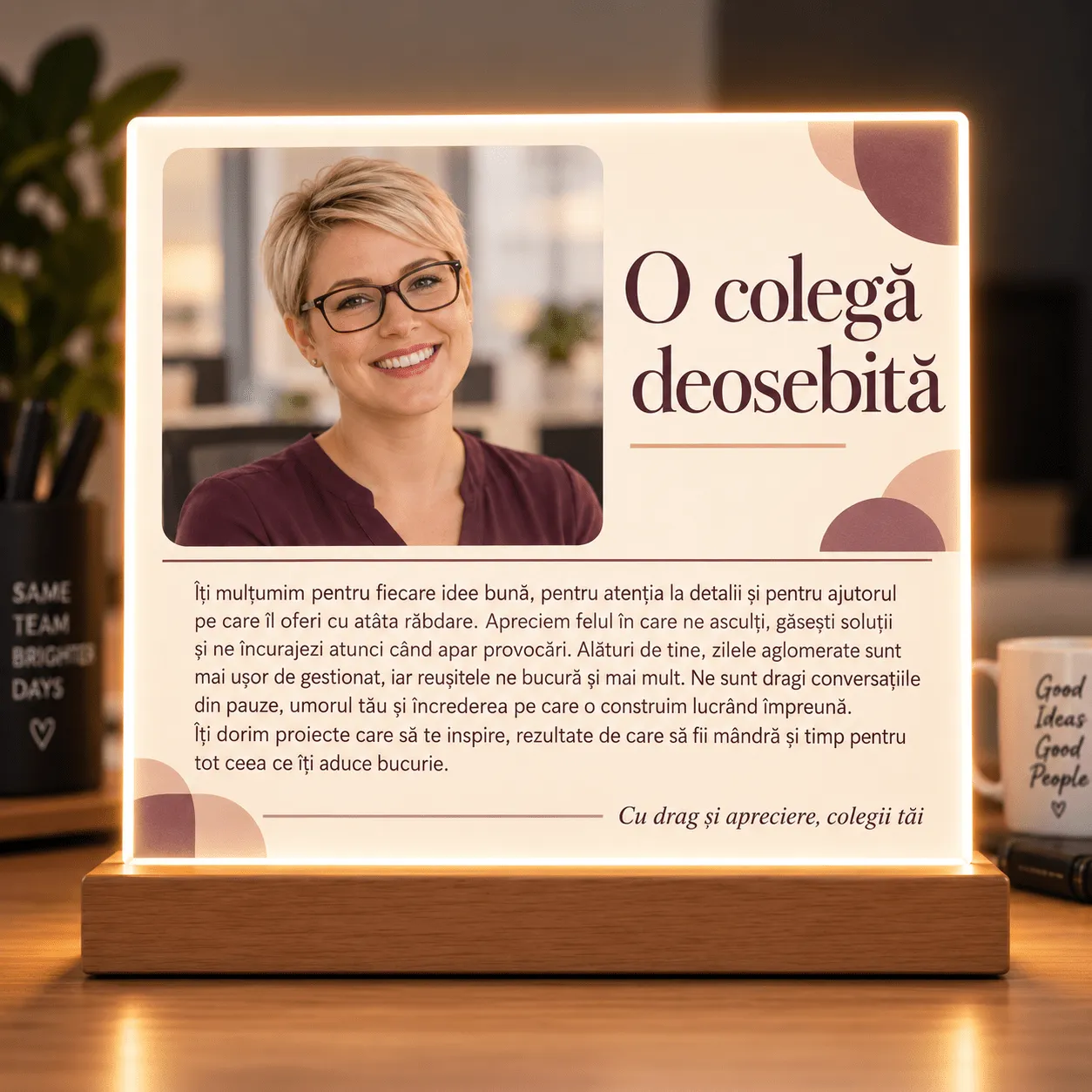 Lampă Personalizată cu Fotografie și Mesaj – Cadou pentru Colega