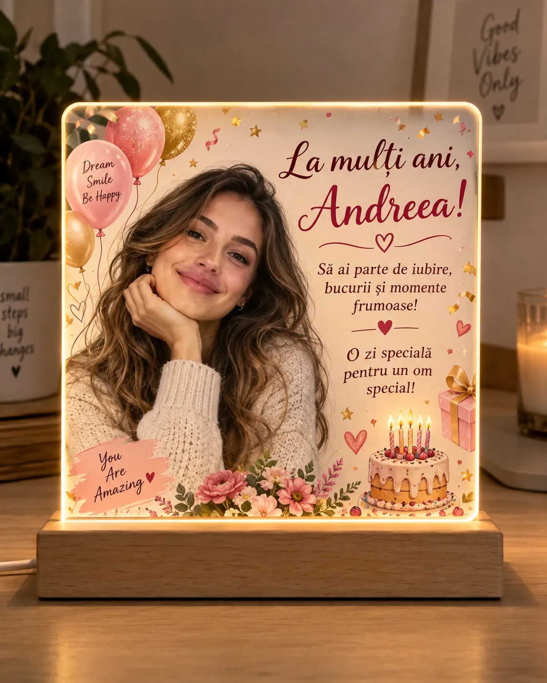 Lampă Personalizată cu Poză și Mesaj, ,,La Mulți Ani!"