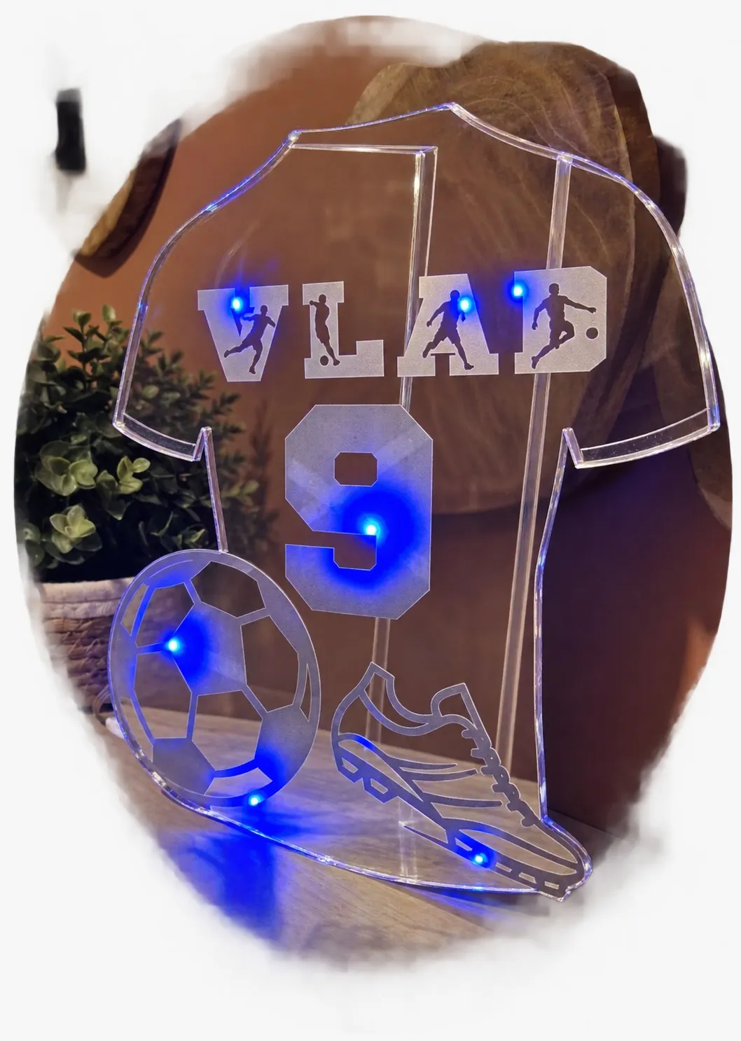 Decorazione LED a forma di maglia da calcio, personalizzata con nome e numero