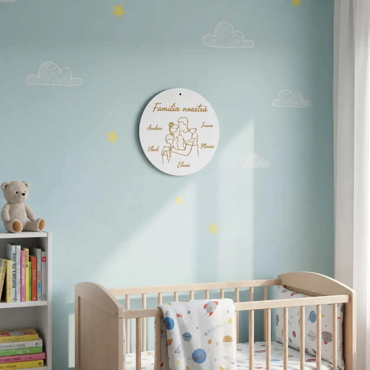Tableau personnalisé en bois pour famille, avec les noms des membres et illustration line art