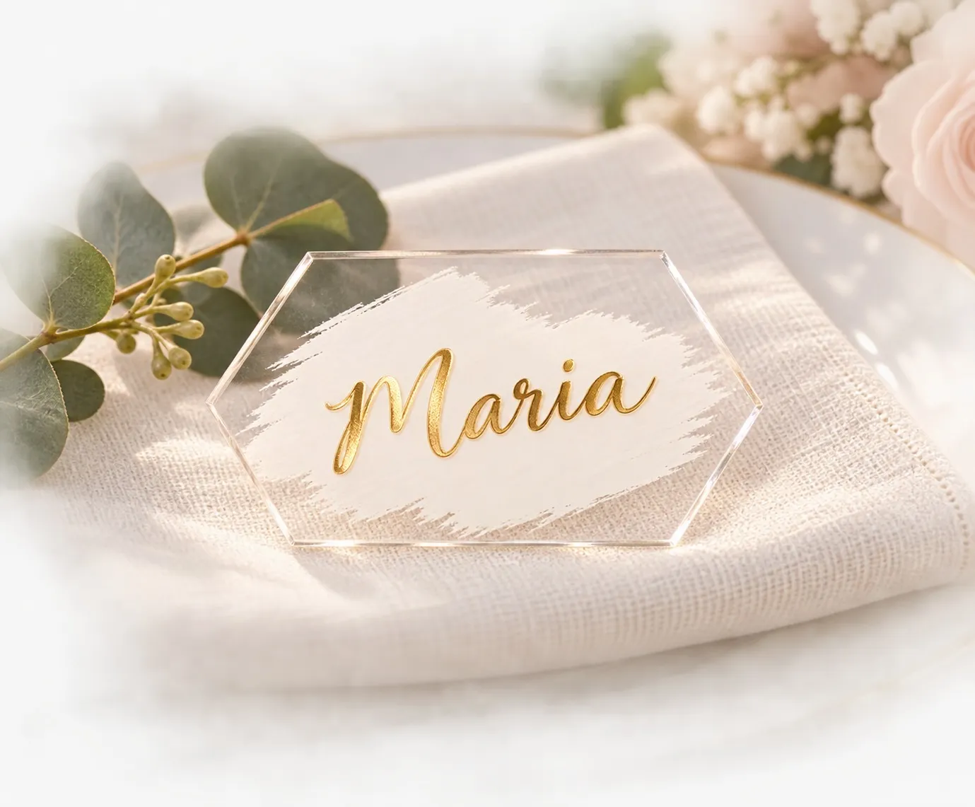 Hexagonal Plexiglass Place Card, Customized with Guest's Name