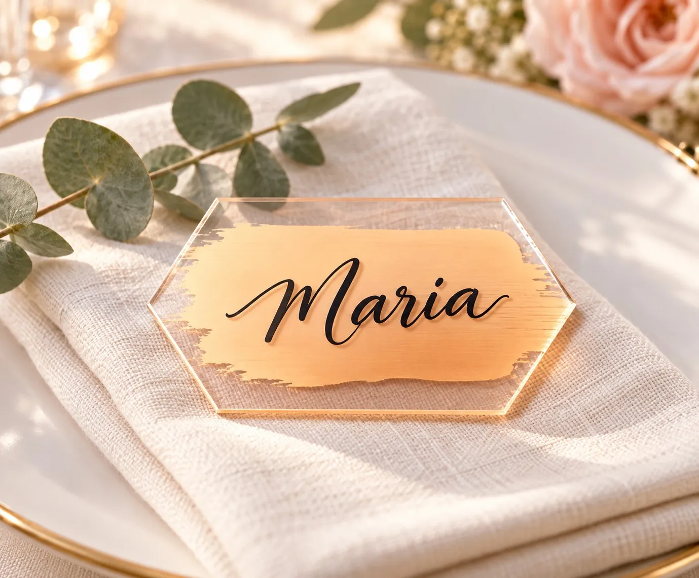 Hexagonal Plexiglass Place Card, Customized with Guest's Name