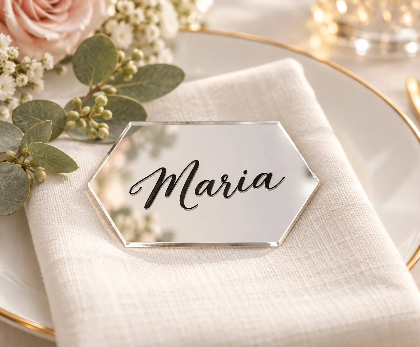 Hexagonal Plexiglass Place Card, Customized with Guest's Name