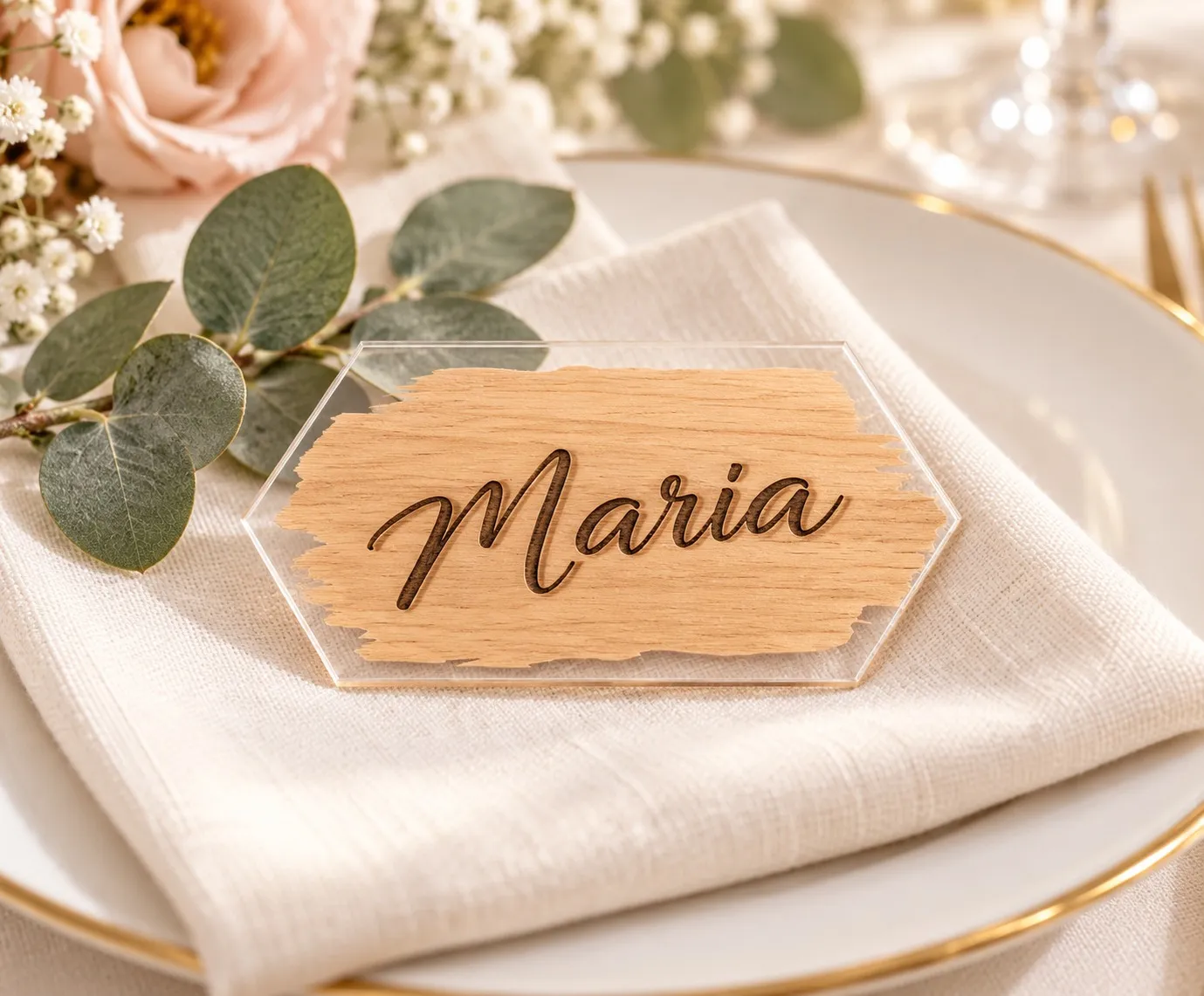 Hexagonal Plexiglass Place Card, Customized with Guest's Name