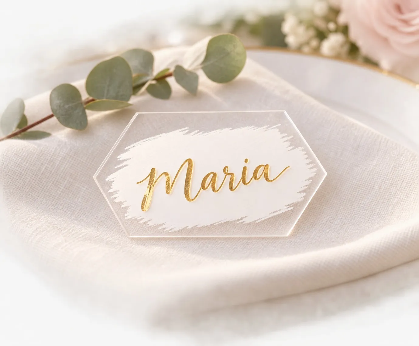 Hexagonal Plexiglass Place Card, Customized with Guest's Name