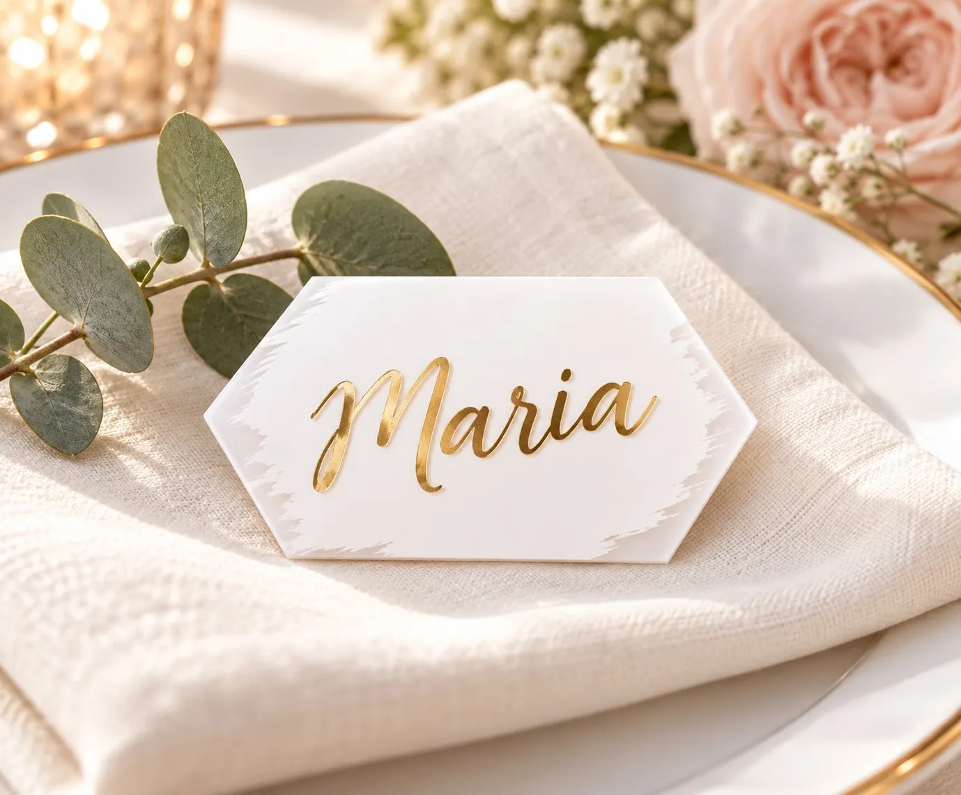 Hexagonal Plexiglass Place Card, Customized with Guest's Name