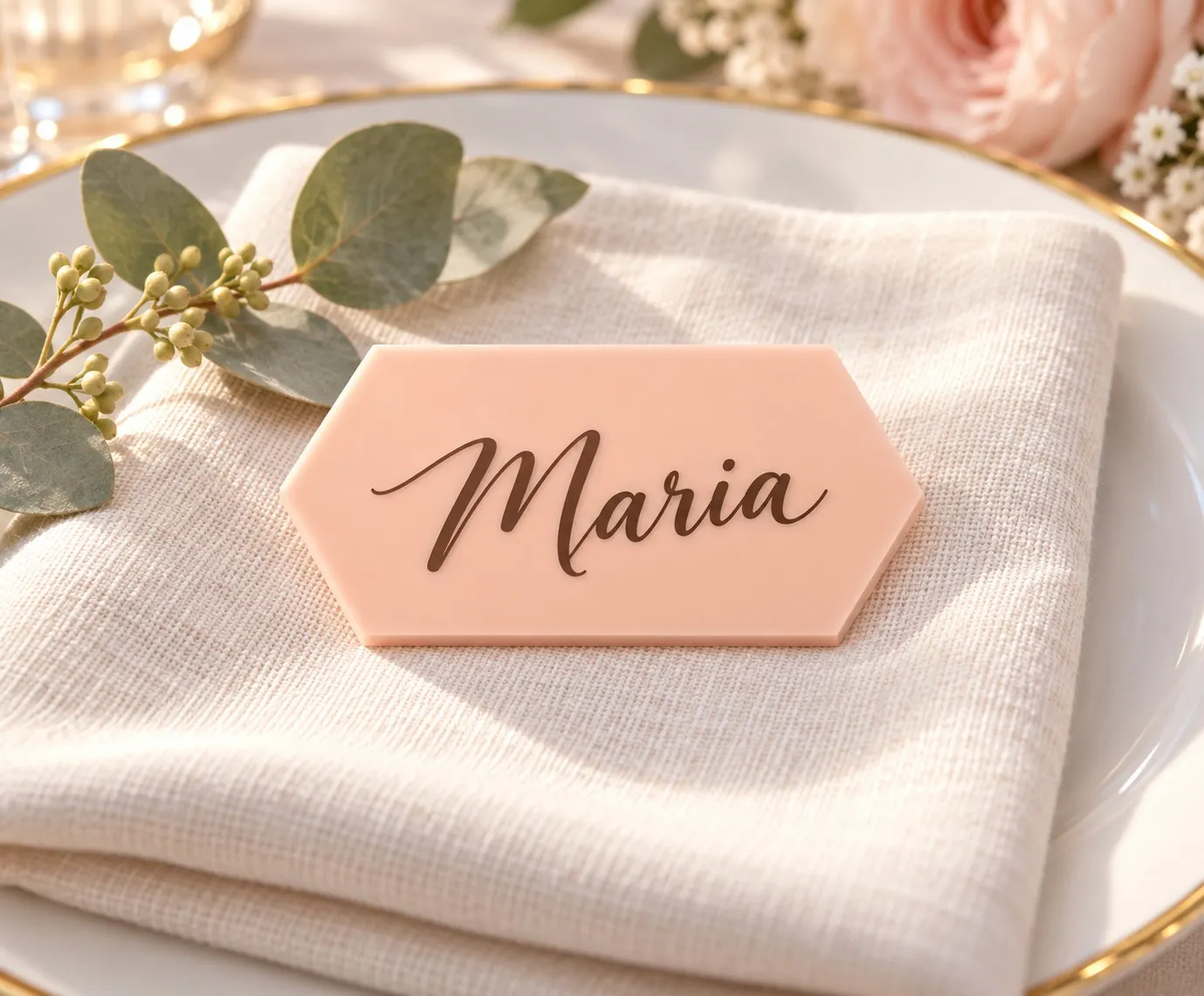 Hexagonal Plexiglass Place Card, Customized with Guest's Name