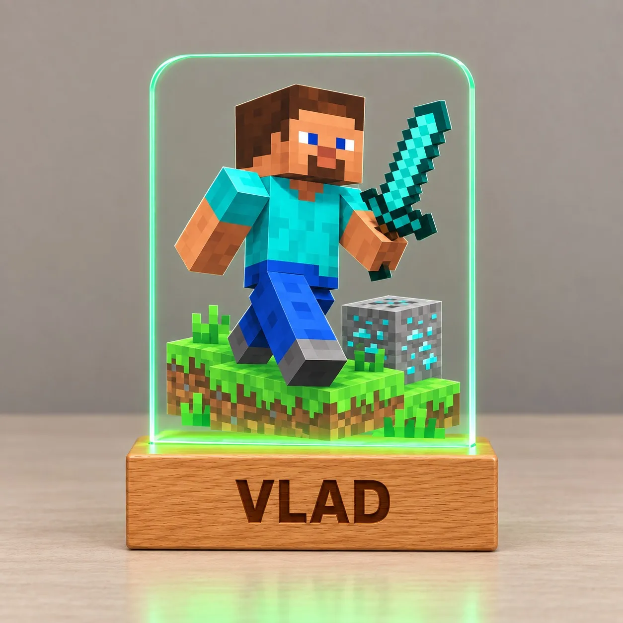 Minecraft: Steve con spada di diamante - Insegna Luminosa Personalizzata 3D
