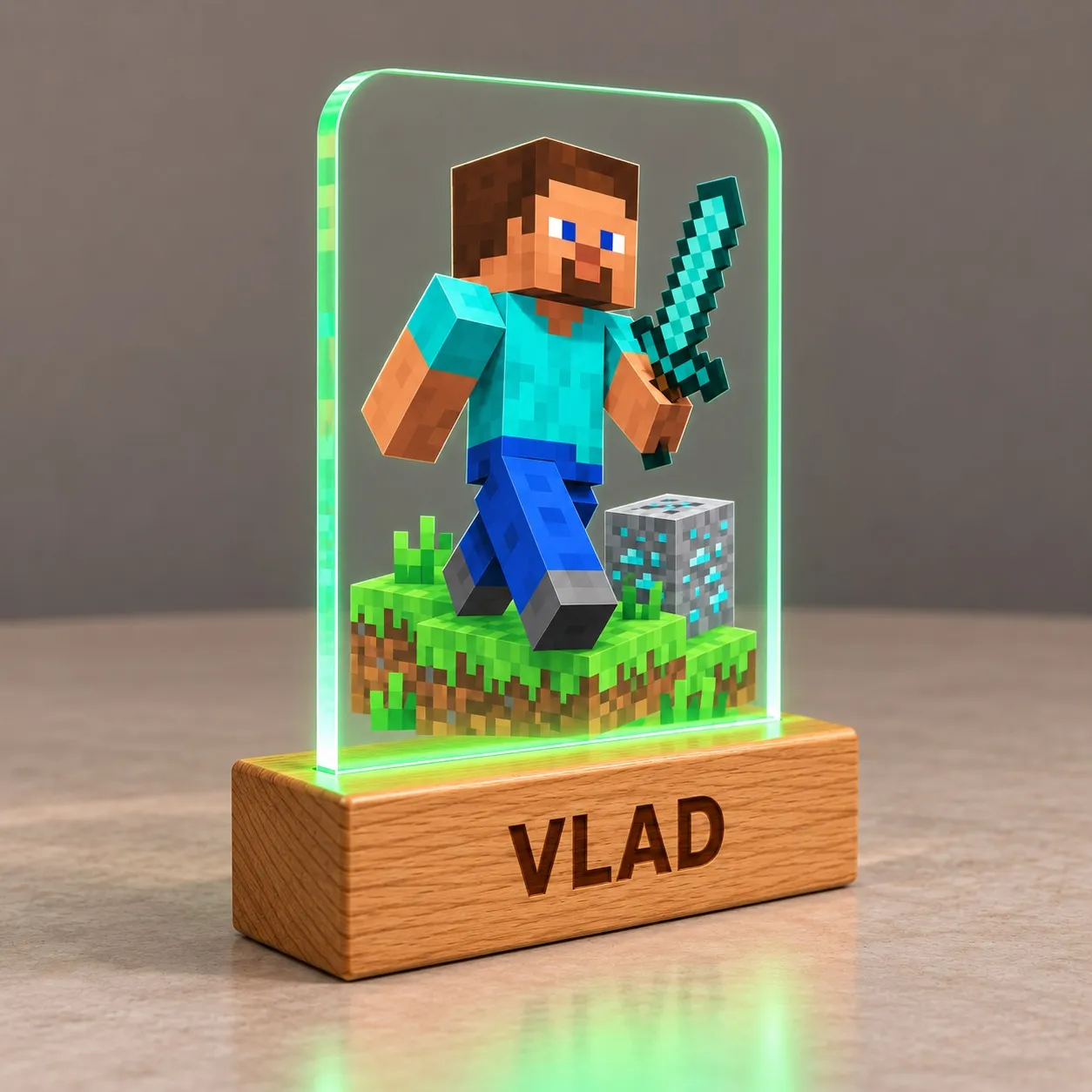 Minecraft: Steve con spada di diamante - Insegna Luminosa Personalizzata 3D