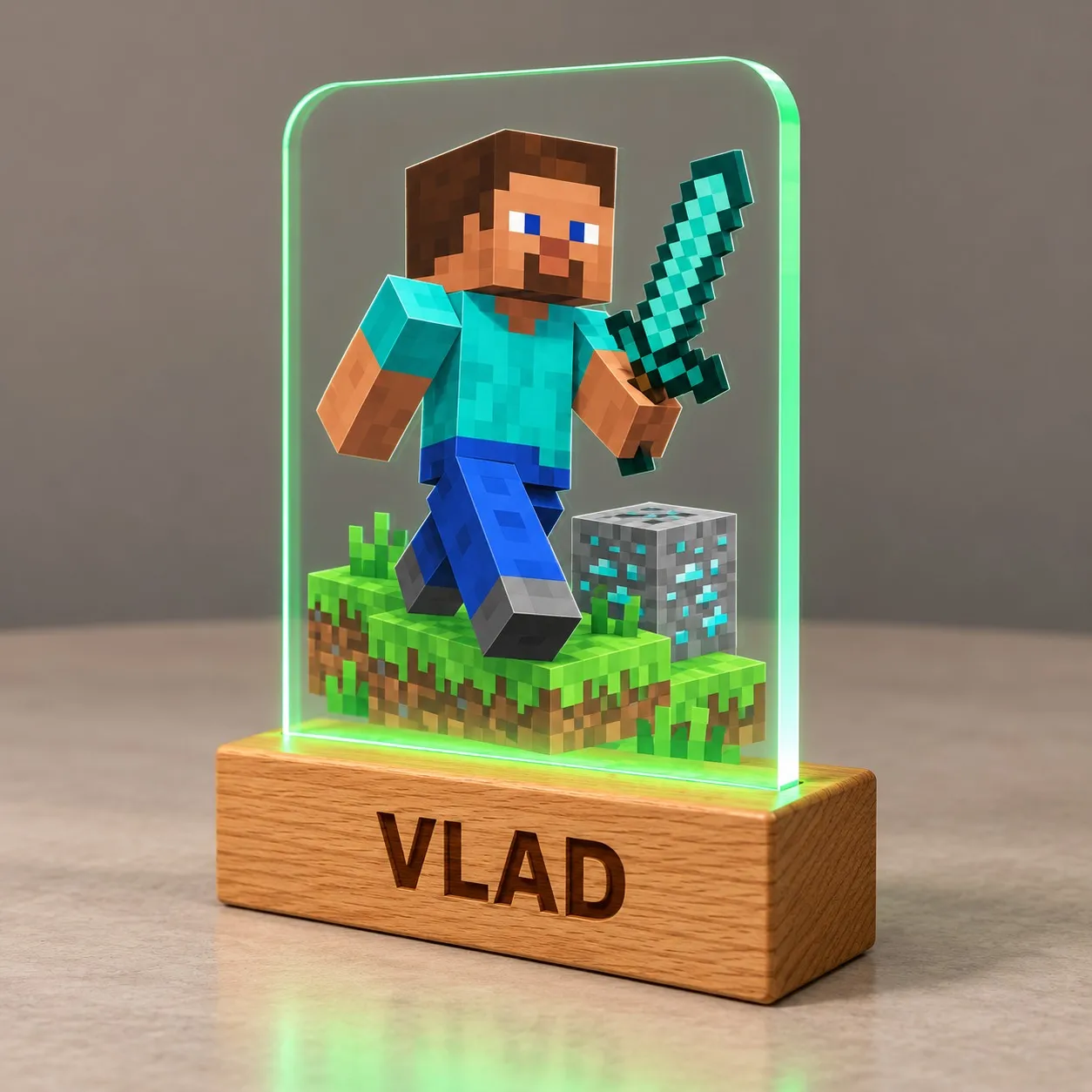 Minecraft: Steve con spada di diamante - Insegna Luminosa Personalizzata 3D