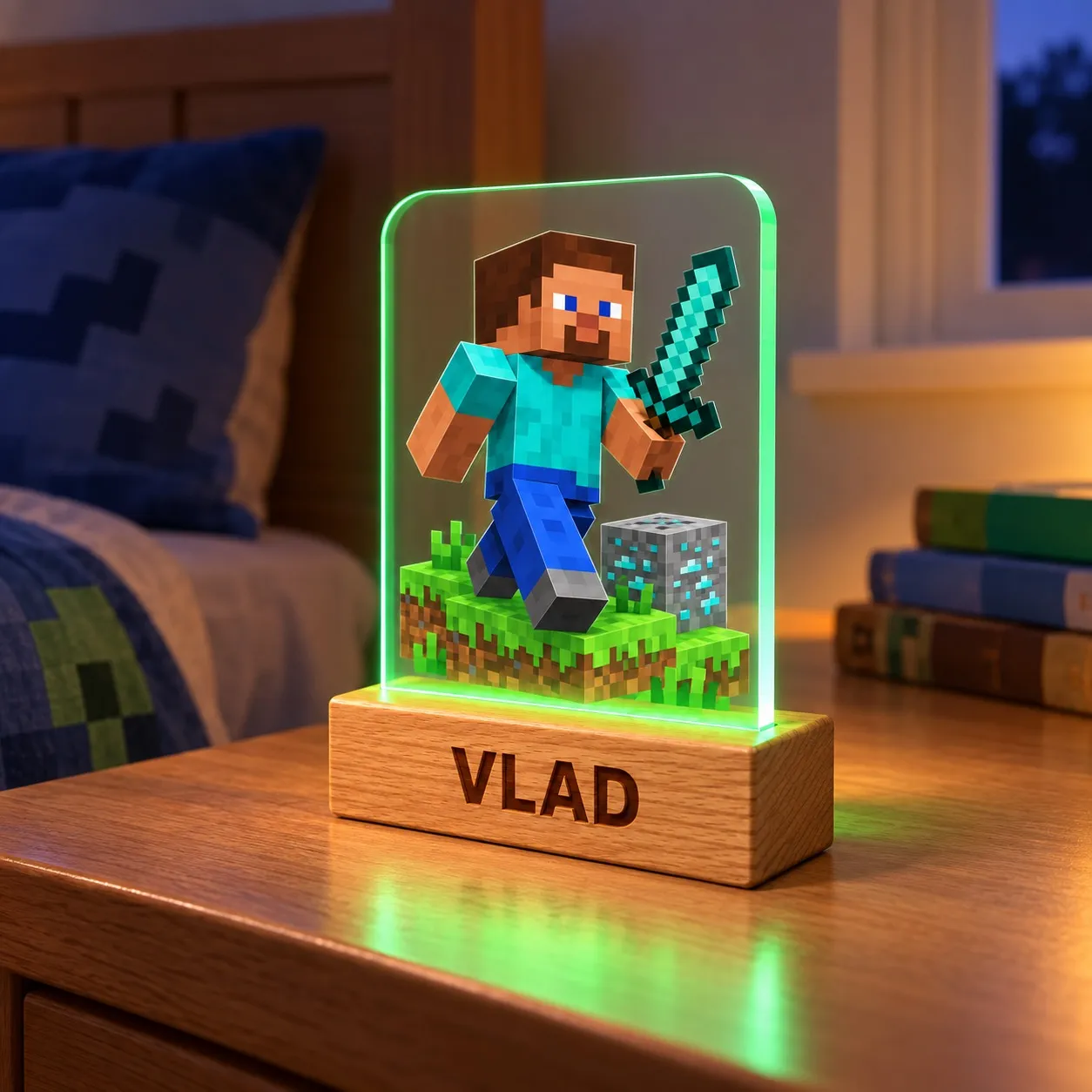 Minecraft: Steve con spada di diamante - Insegna Luminosa Personalizzata 3D