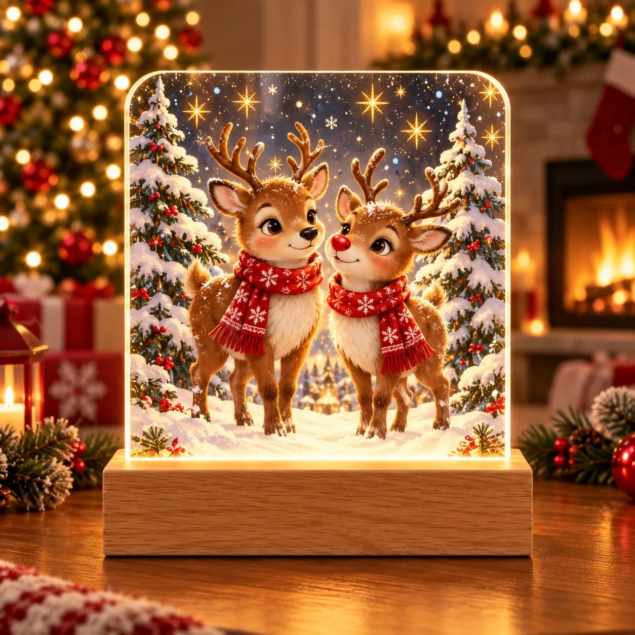 Weihnachten: Rentiere mit roten Schals in Winterlandschaft - Leuchtschild 3D-Druck
