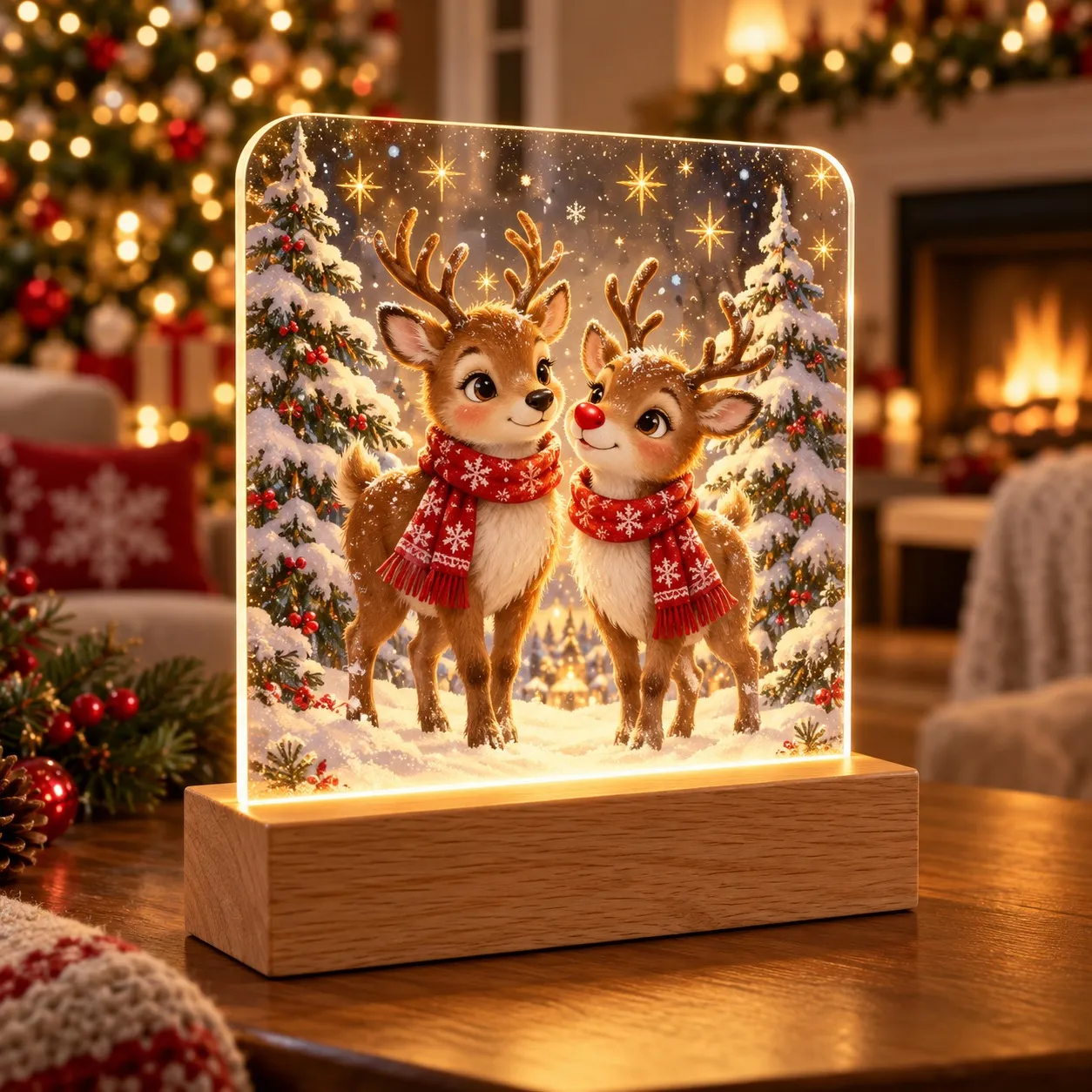 Weihnachten: Rentiere mit roten Schals in Winterlandschaft - Leuchtschild 3D-Druck