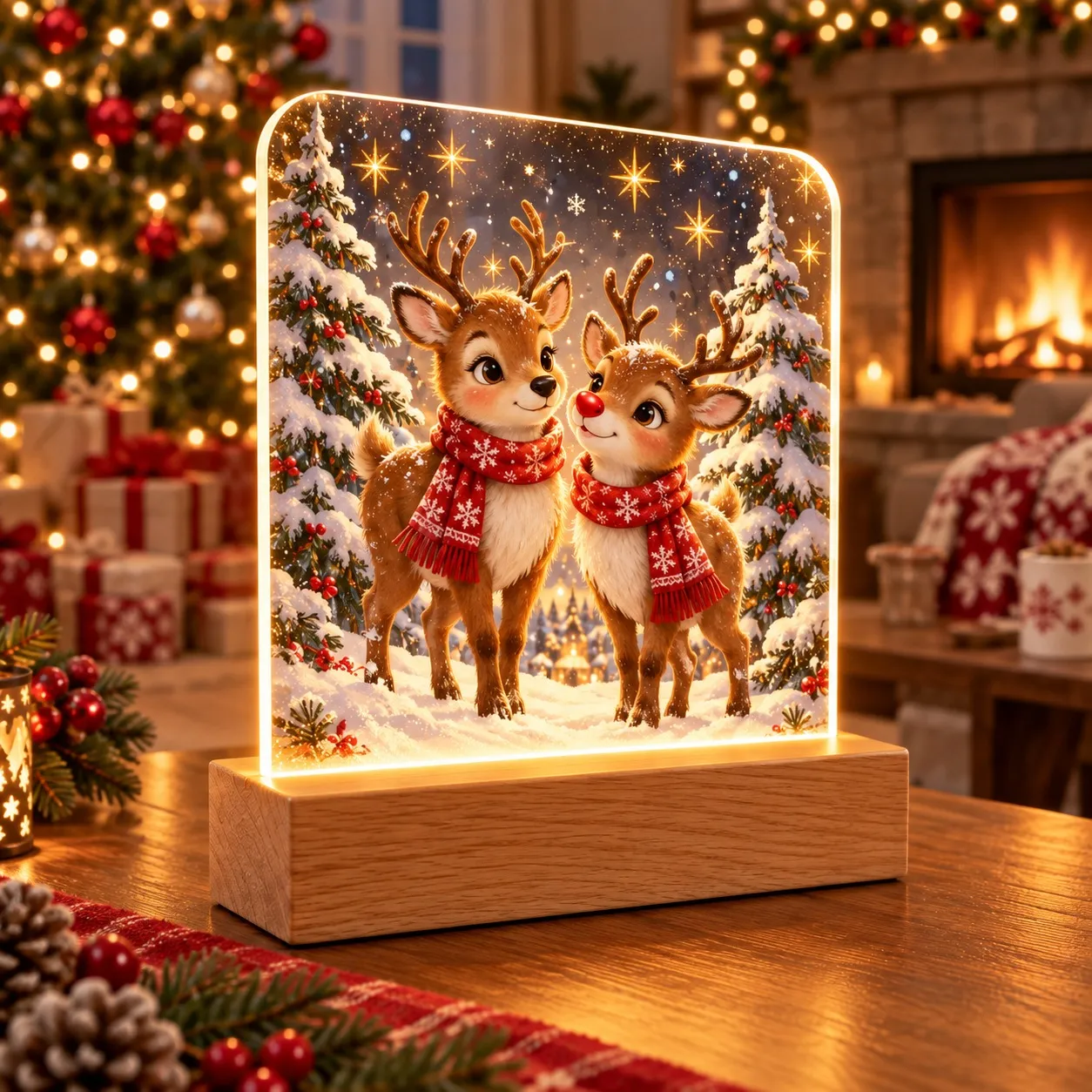 Weihnachten: Rentiere mit roten Schals in Winterlandschaft - Leuchtschild 3D-Druck