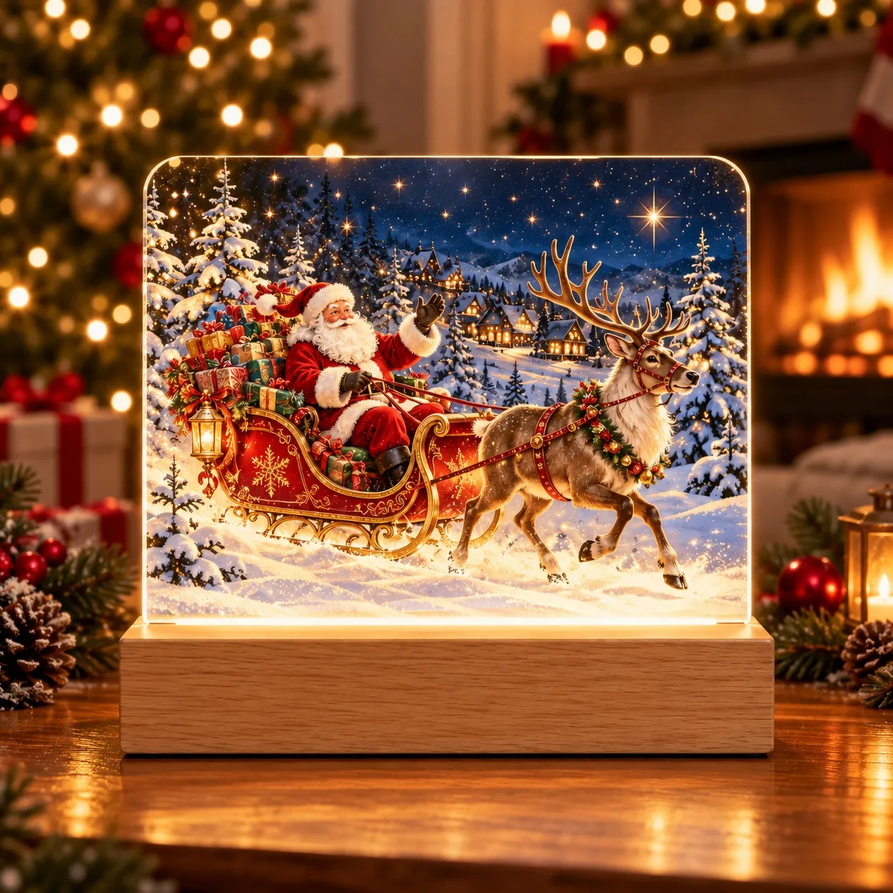 Craciun: Moș Crăciun în sania cu daruri - Semn Luminos Printat 3D