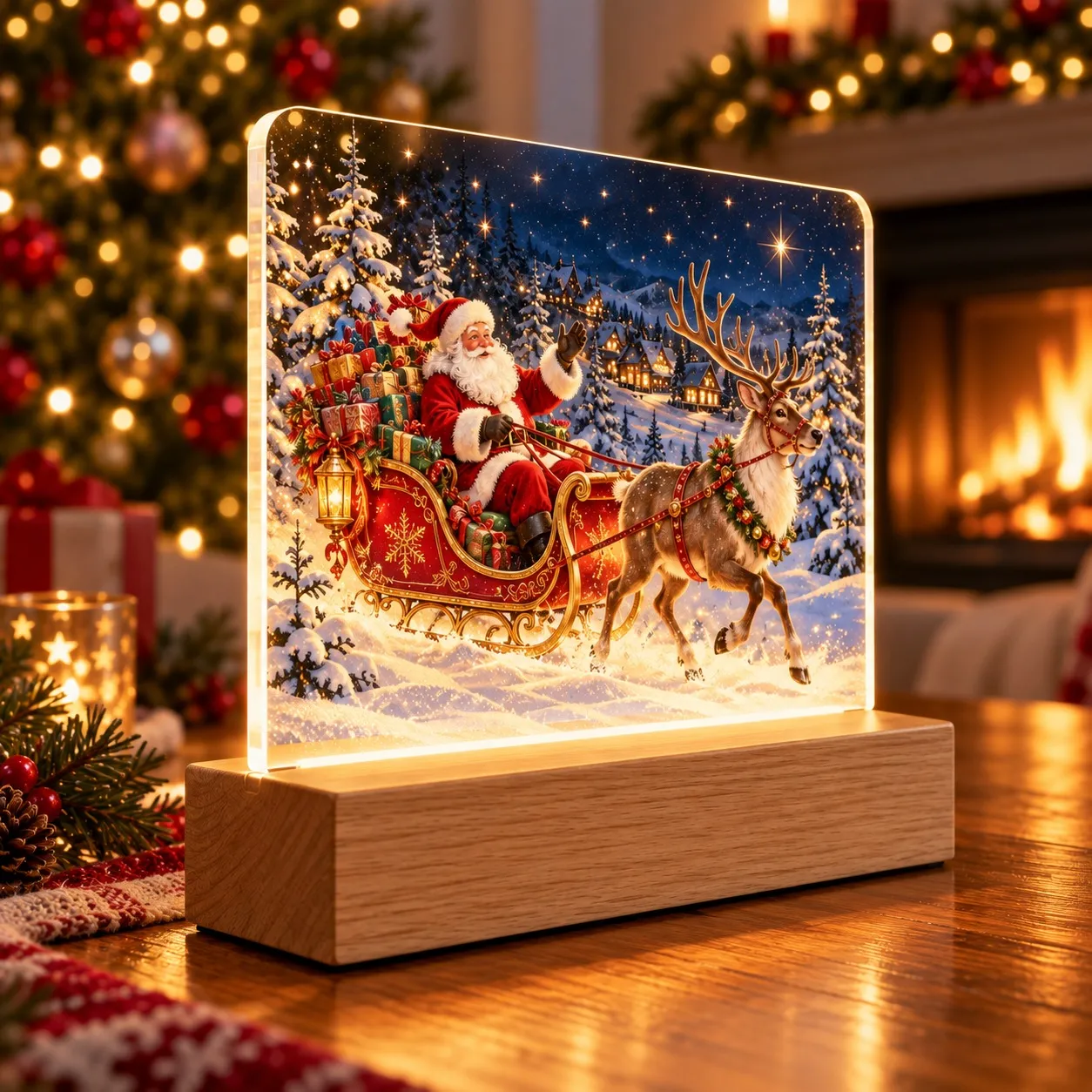 Craciun: Moș Crăciun în sania cu daruri - Semn Luminos Printat 3D